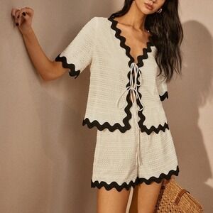 Vacation Short Set Cream and Black Ric Rac‎ set XL COMMENSE